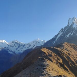 Mardi Himal Base Camp on the ridge below Machhapuchhre, Annapurna region, Nepal