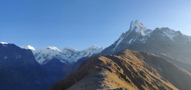 Mardi Himal Base Camp on the ridge below Machhapuchhre, Annapurna region, Nepal