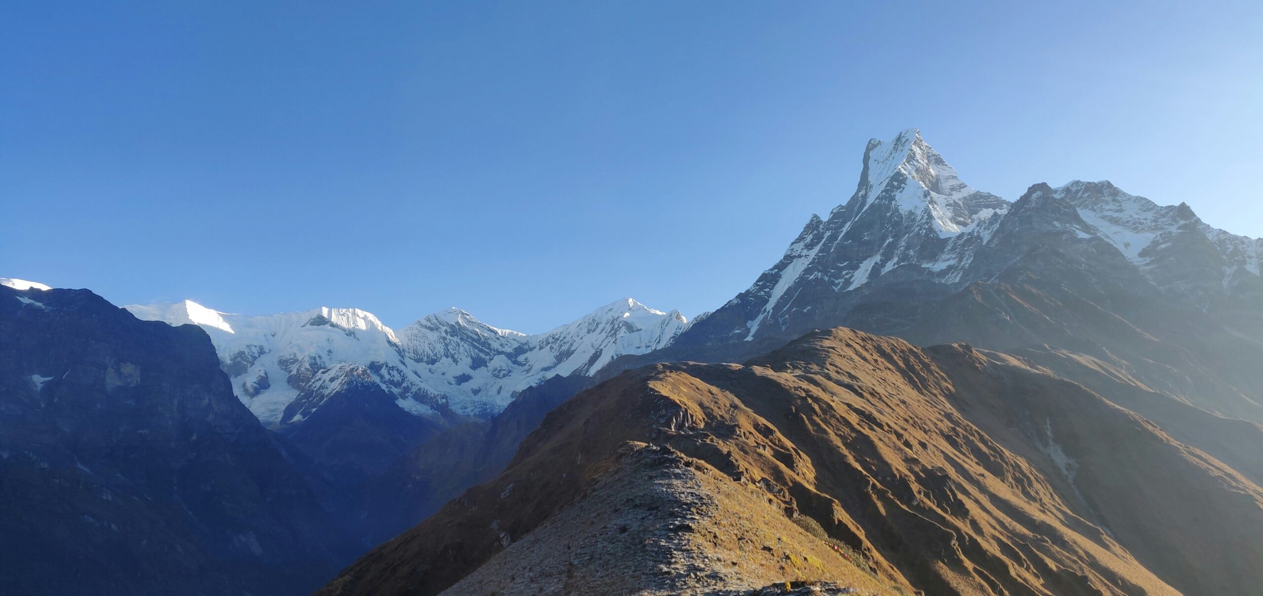 Mardi Himal Base Camp on the ridge below Machhapuchhre, Annapurna region, Nepal