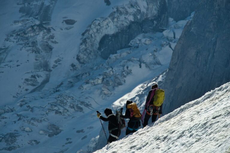Mountaineers climbing a snow-covered slope at altitude